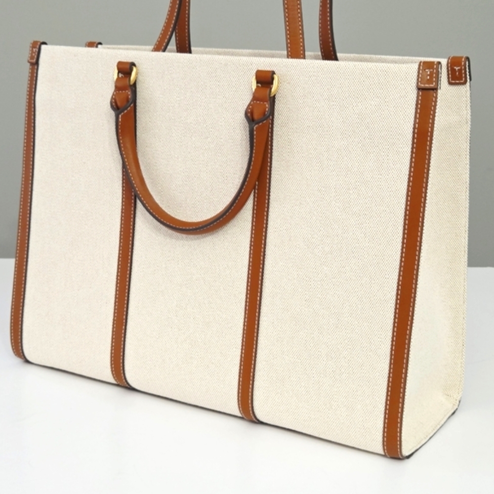 EXCELLENT TORY BURCH BLAKE CANVAS LEATHER JUMBO TOTE IN NATURAL CLASSIC CUOIO - Picture 5 of 8